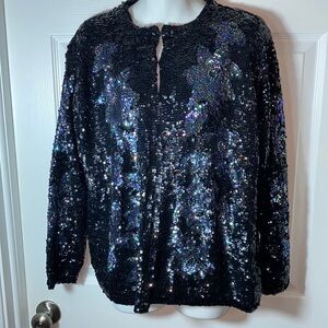 Vintage Sequin Jacket Cardigan Floral Iridescent Beaded Lined Metal Hook closure